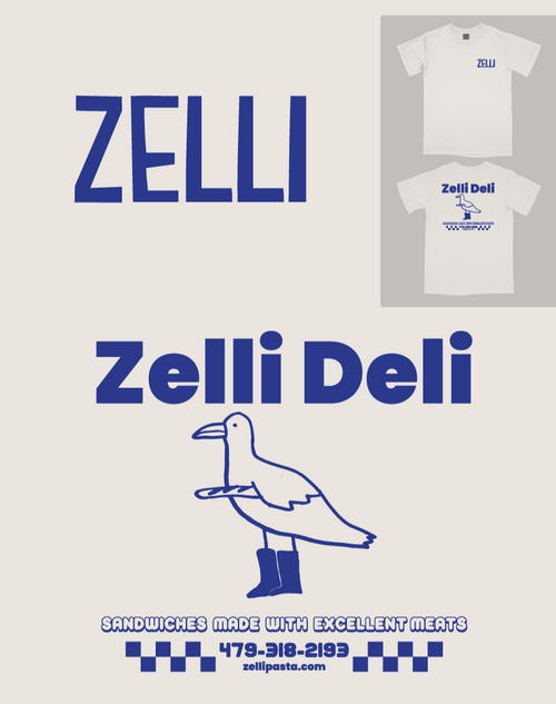 Zelli Pasta t-shirt design with branding and contact information.