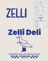 Zelli Deli branding with a white t-shirt and contact information on a light gray background